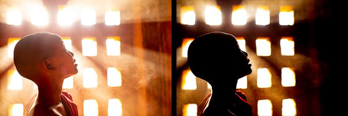 A diptych portrait of a novice monk demonstrating overexposure vs underexposure in photography 