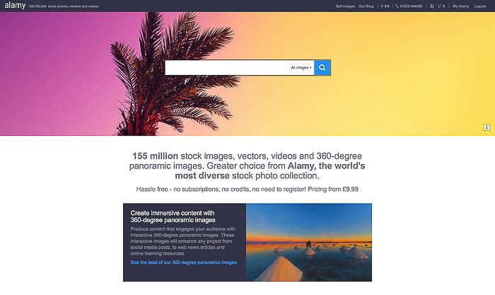 A screenshot of Alamy homepage - sell photos online to stock agencies