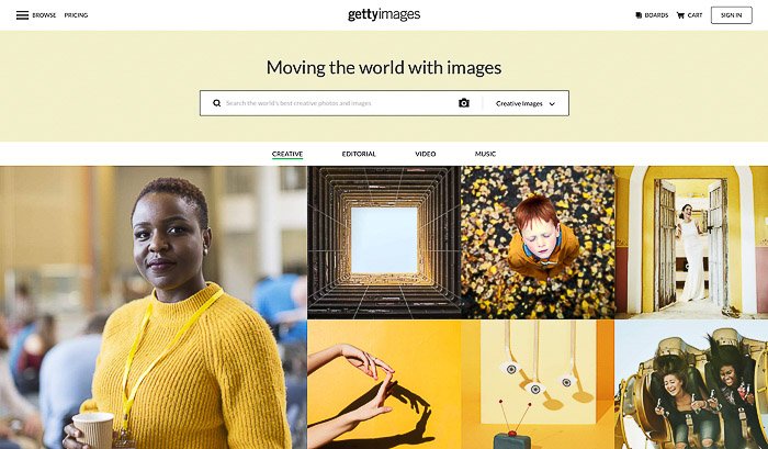 A screenshot of Getty images homepage - sell photos online to stock agencies