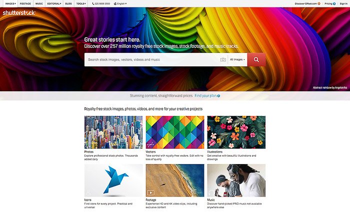 A screenshot of Shutterstock homepage - sell photos online to stock agencies