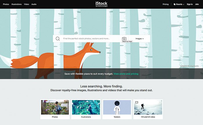 A screenshot of iStock Photos homepage - sell photos online to stock websites