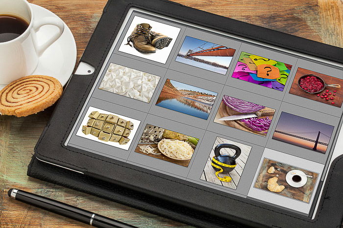 A tablet with stock photos on the screen 