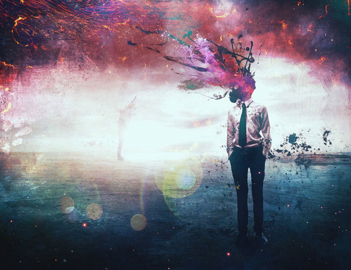 A colorful surreal portrait of a male model with exploding colors for a head 