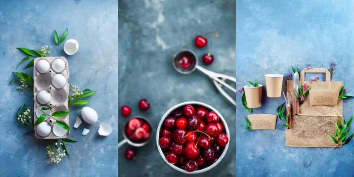 A creative food photography diptych on a hand painted background