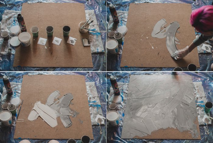 A four photo grid showing the process of hand painting photography backgrounds