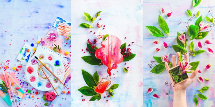 A creative still life photography triptych on hand painted background 