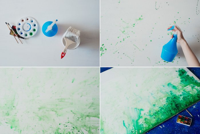 A four photo grid showing the process of hand painting photography backgrounds