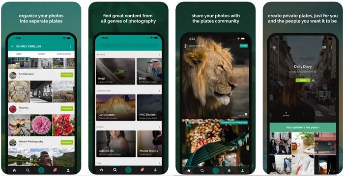 Four phone screens showing Plates social media app