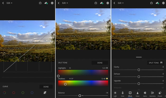 A screenshot of tools on Lightroom Mobile app. How to edit Instagram photos.