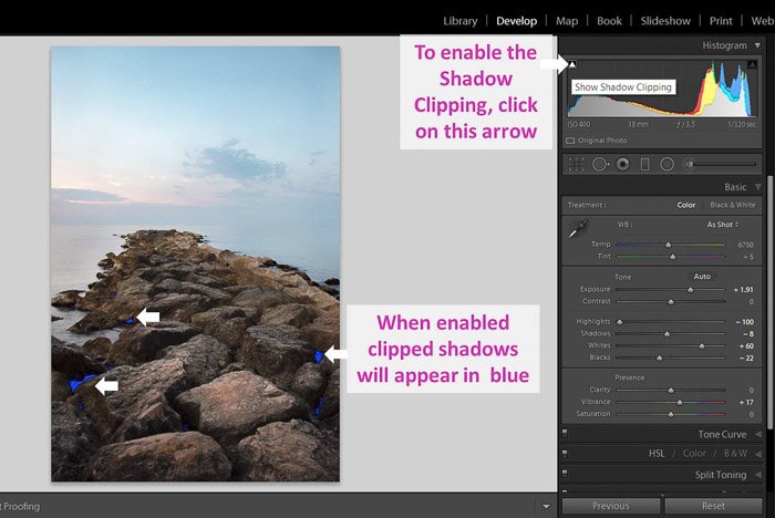 A screenshot of working with shadows and blacks in Lightroom - shadow clipping