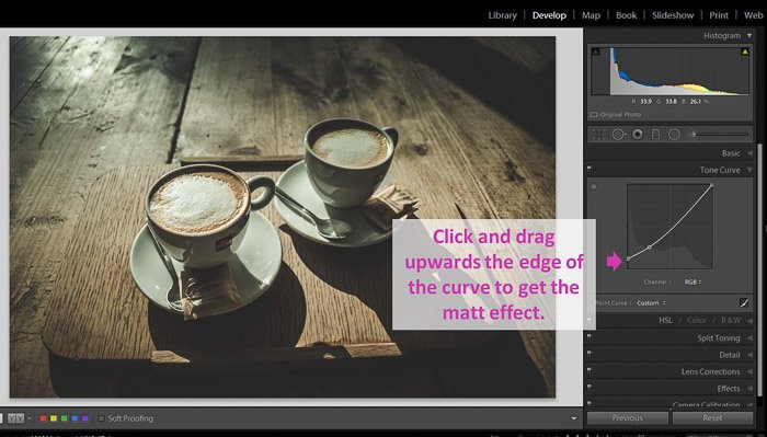 A Lightroom screenshot showing how to make blacks matte to give Images a faded look