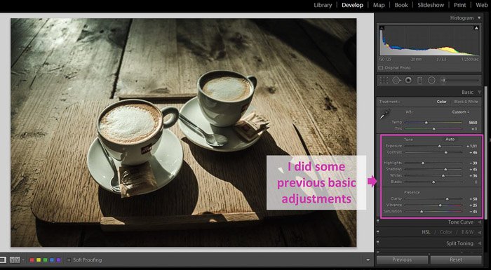 A Lightroom screenshot showing how to make blacks matte to give Images a Faded Look - previous adjustments