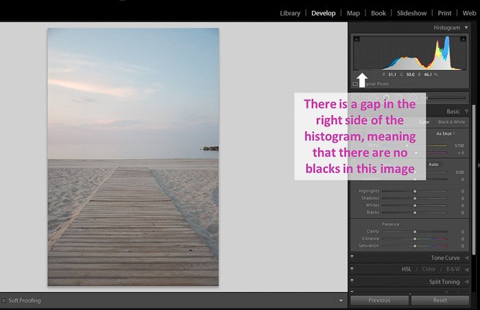 A screenshot of editing a photo of a pier on lightroom - using shadows and blacks in Lightroom