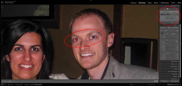 A screenshot showing how to fix red eye in portrait photography using lightroom - red eye removal