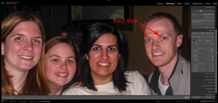 A screenshot showing how to fix red eye in portrait photography using lightroom - red eye removal