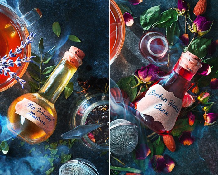 A still life diptych of magical potions - examples of using text in photography