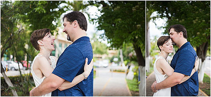 A romantic diptych portrait of a couple embracing and smiling outdoors