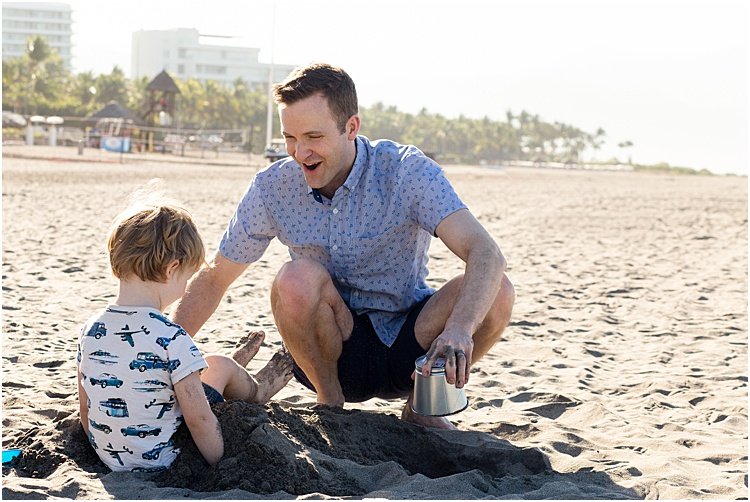 A sweet casual portrait of a father and son playing on the beach- emotional photography tips
