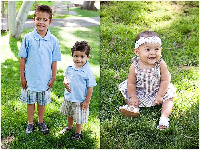 A diptych portrait of young children posing outdoors in dappled light