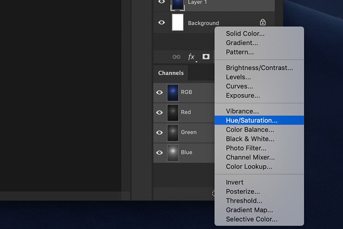 A screenshot showing how to create a Digital background in Photoshop - selecting hue/saturation