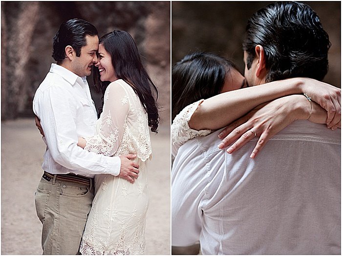 A romantic diptych portrait of a couple embracing and smiling