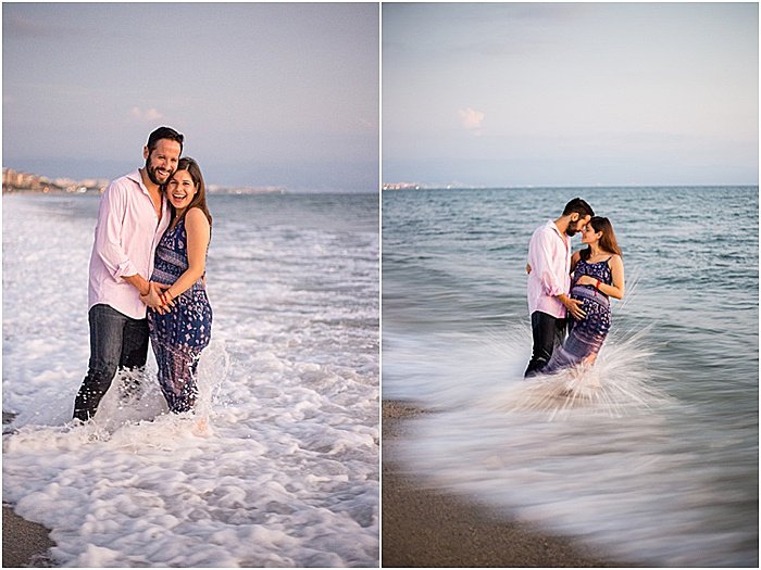 A diptych portrait of a couple smiling couple posing outdoors at the beach - emotional photography