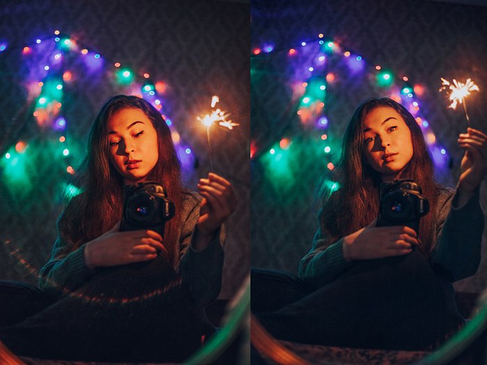 Atmospheric diptych of a female model taking a self portrait in the mirror - Creative Fairy Light Photography Ideas