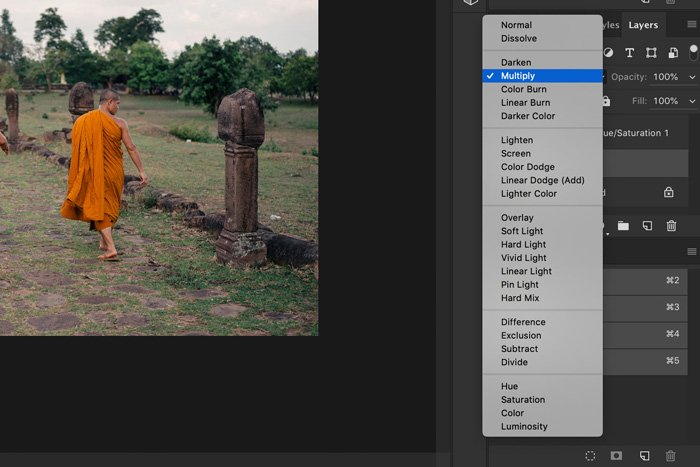 A screenshot showing how to change color in photoshop - multiply in blending mode