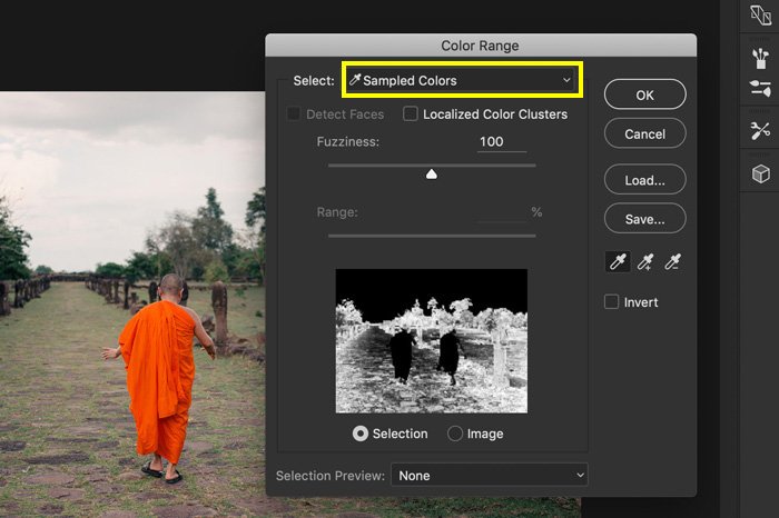 A screenshot showing how to select 'sampled colors' in Photoshop