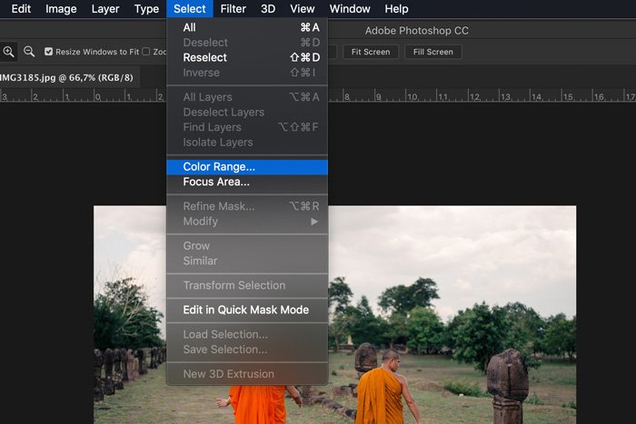 A screenshot showing how to select color range in Photoshop 