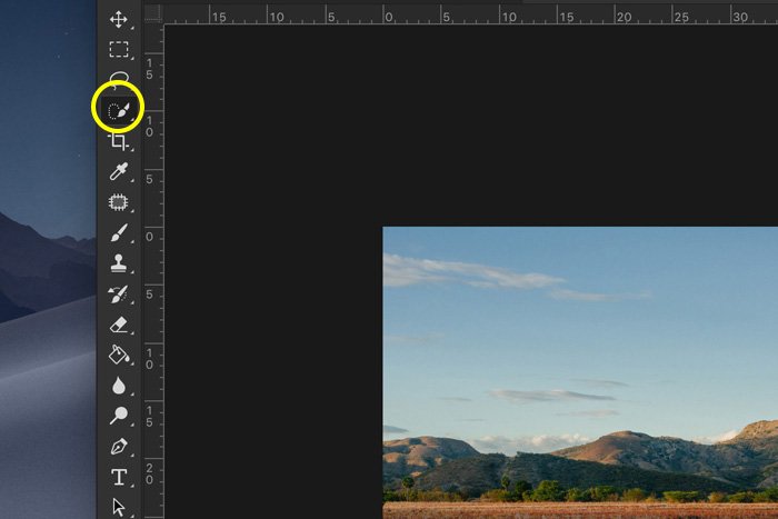 A screenshot showing how to change the color of the sky in Photoshop - quick selection tool