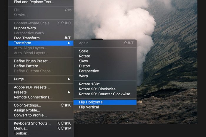 Screenshot showing how to Flip an Image horizontally in Photoshop