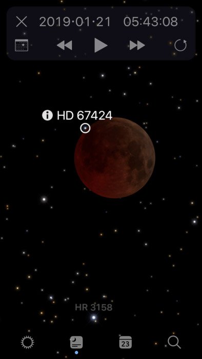 A screenshot of checking the moon with the Sky Guide App