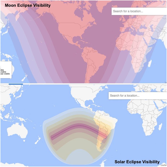 Comparison between worldwide visibility of a typical Lunar Eclipse (top) versus a Solar Eclipse (bottom). 
