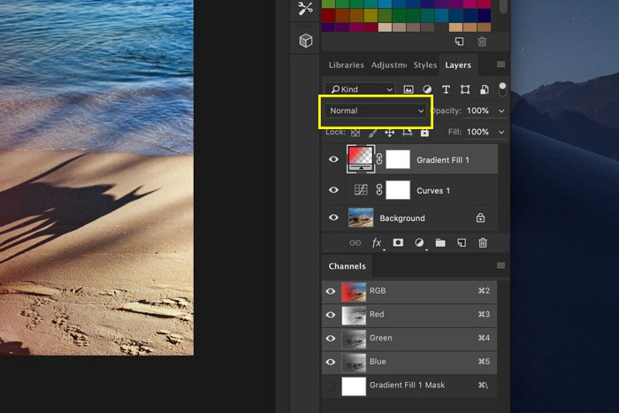 A screenshot of how to add light leaks to a photo in Photoshop - changing the blending mode