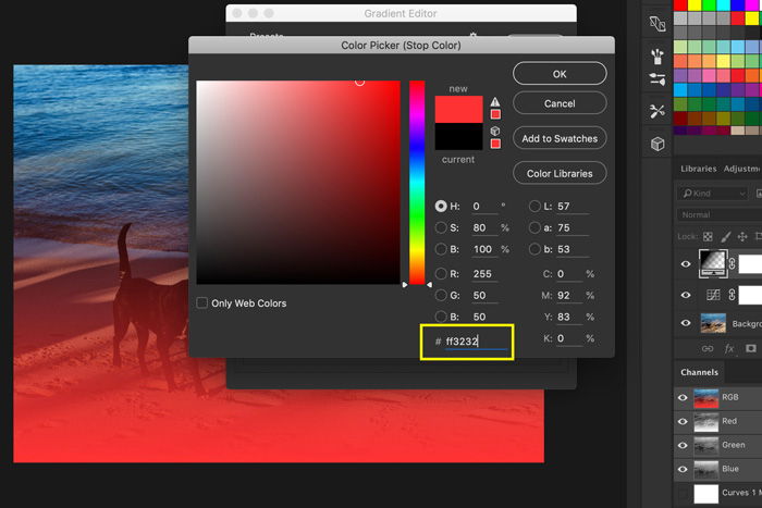 A screenshot of how to add light leaks to a photo in Photoshop - gradient editor