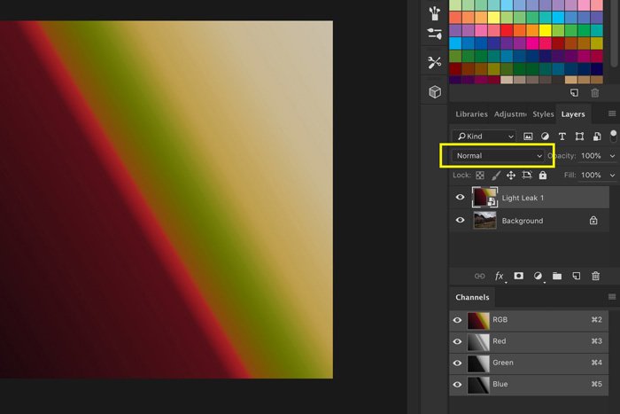 A screenshot showing how to use Light Leak Overlays in Photoshop - change blending mode