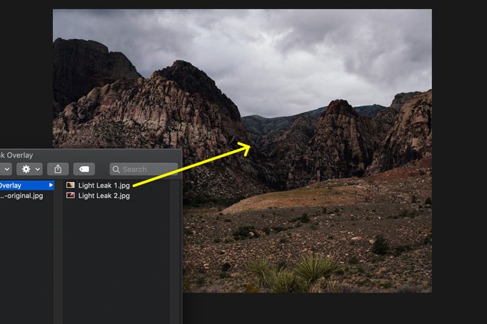 A screenshot showing how to use Light Leak Overlays in Photoshop