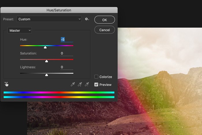 A screenshot showing how to use Light Leak Overlays in Photoshop - hue/saturation