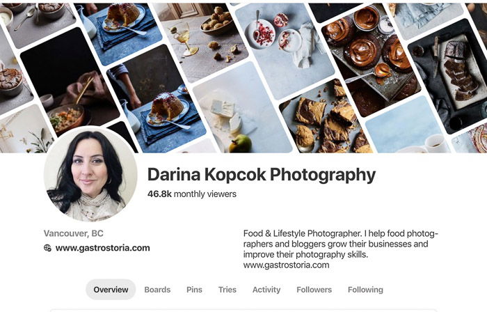 A screenshot of a photographers pinterest board 