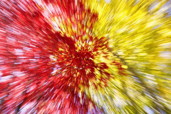 An abstract red and yellow zoom burst of leafs during autumn - creative slow shutter speed