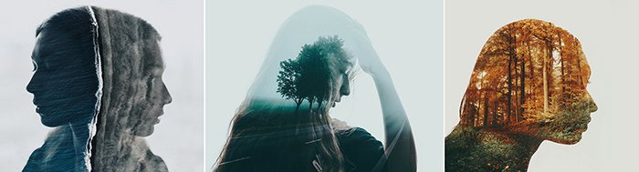 A triptych photography example featuring three unique double exposure portraits
