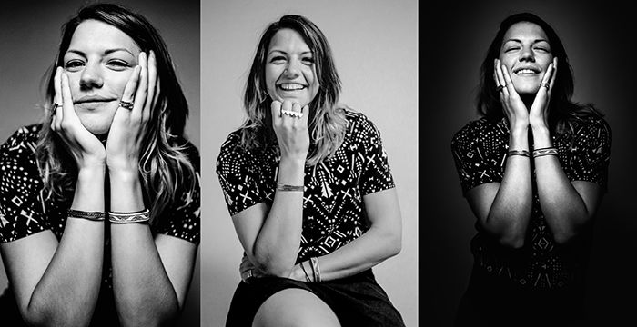 A triptych photography example featuring three monotone portraits of a female model making different facial expressions