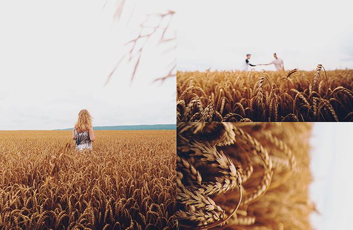 A triptych photography example featuring three views of a person posing in a cornfield