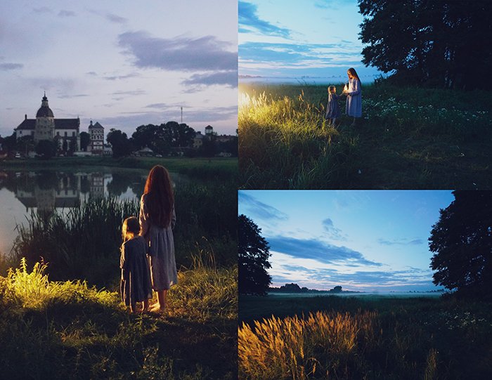 A triptych photography example featuring three views of a magical evening outdoor portrait shoot