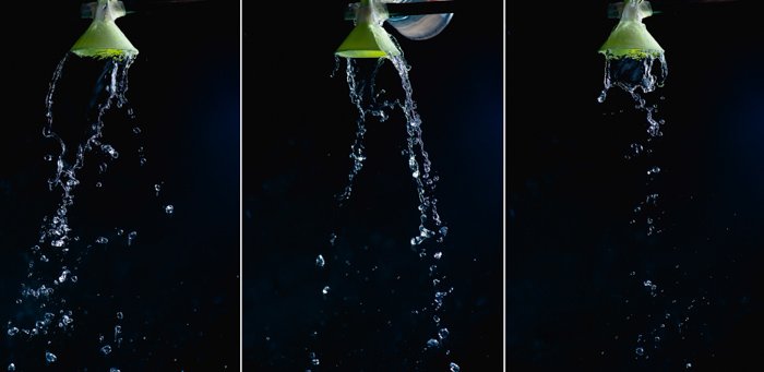 A triptych showing a setup for creating chocolate splash photography 
