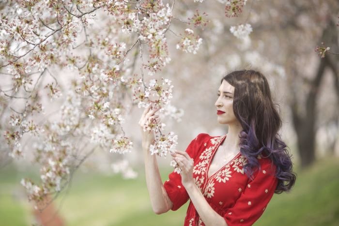 A woman in a red dress holding cherry blossoms in a tree showing how to use space in photography