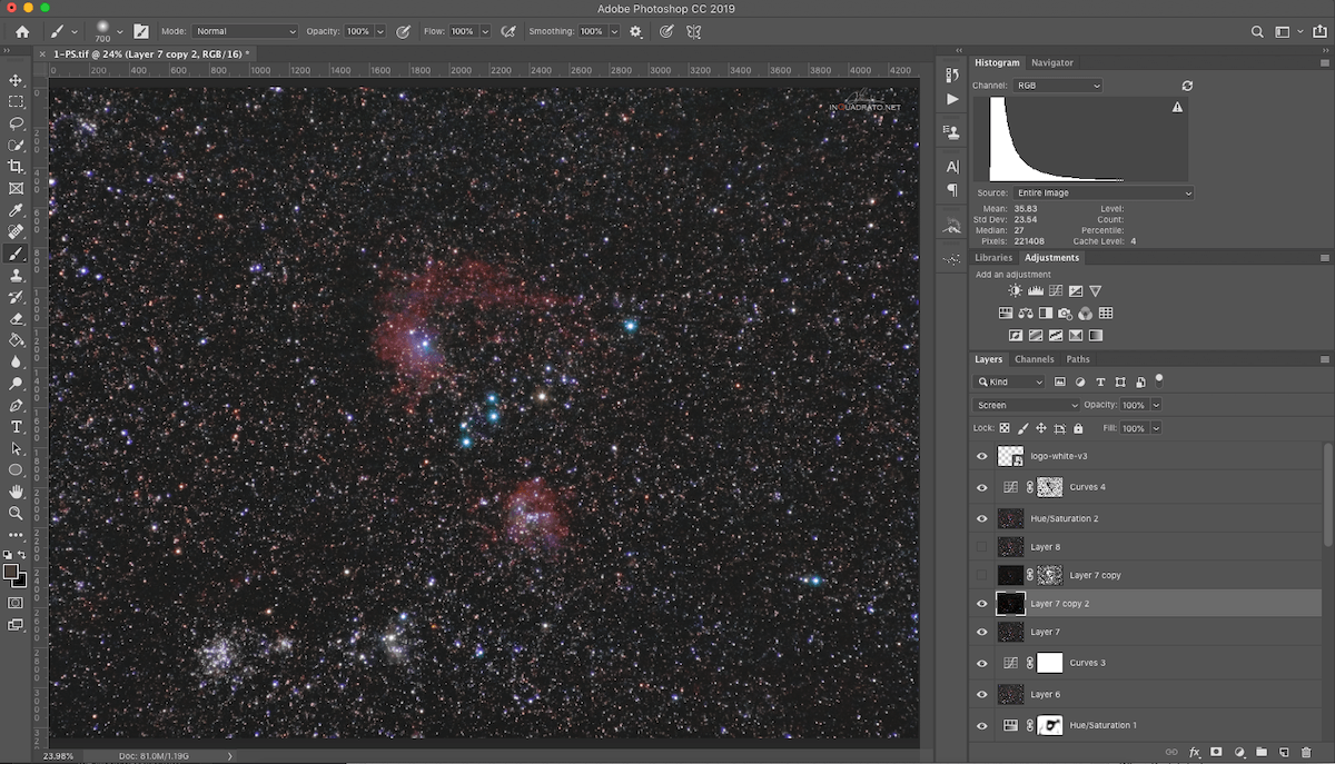 Screenshot of an astrophotography picture being edited in Adobe Photoshop