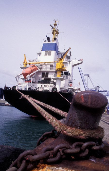 A ship tied to a bollard showing a sense of scale in photography