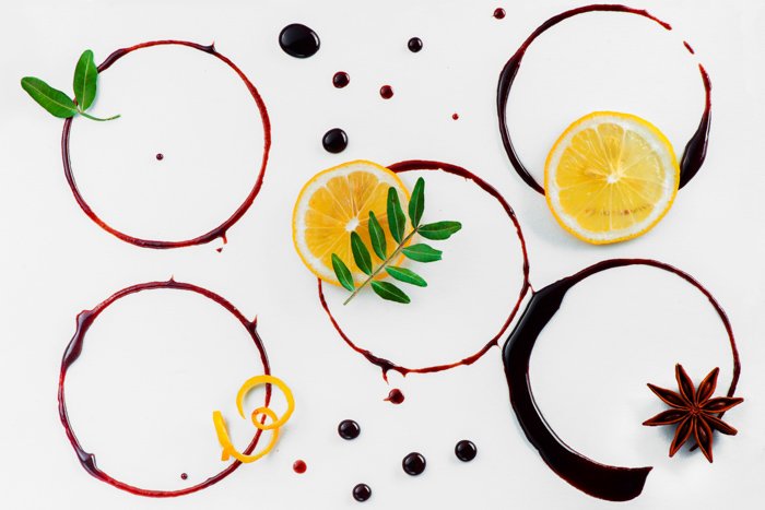A flat lay of circles and fruit as a background for cookie photography